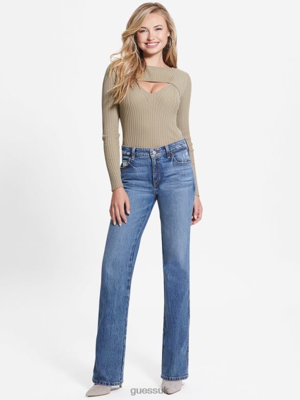 GUESS Women Eco Marion Silk-Blend Cutout Sweater Sage Leaf Apparel V28V61431