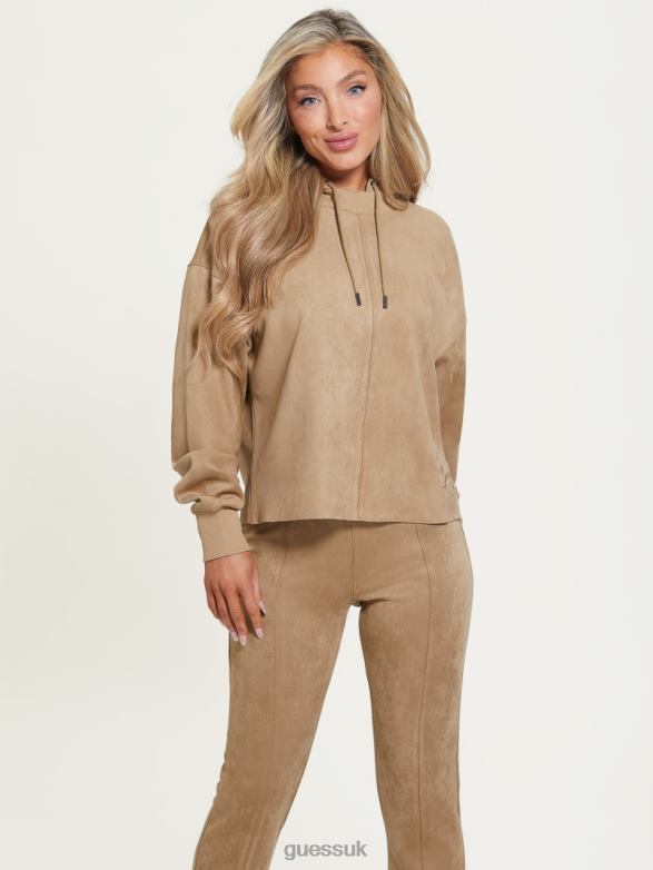 GUESS Women Eco Zorina Suede Hoodie Globe Beige Apparel V28V61864