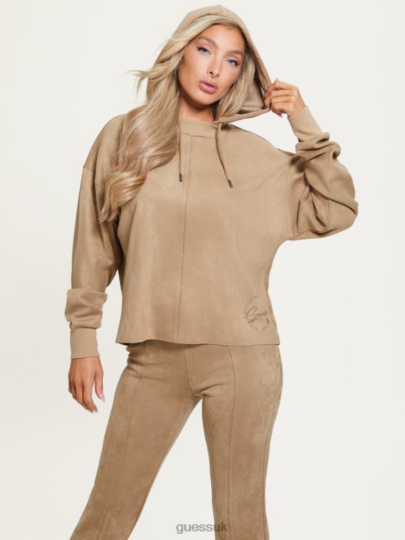 GUESS Women Eco Zorina Suede Hoodie Globe Beige Apparel V28V61864