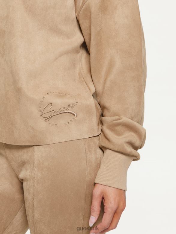 GUESS Women Eco Zorina Suede Hoodie Globe Beige Apparel V28V61864