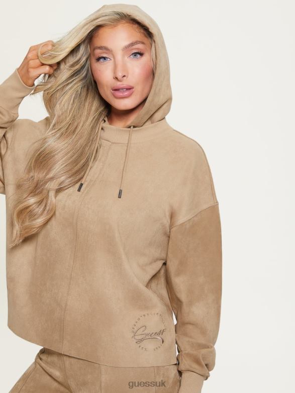 GUESS Women Eco Zorina Suede Hoodie Globe Beige Apparel V28V61864