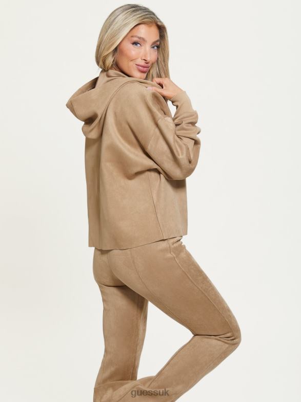 GUESS Women Eco Zorina Suede Hoodie Globe Beige Apparel V28V61864