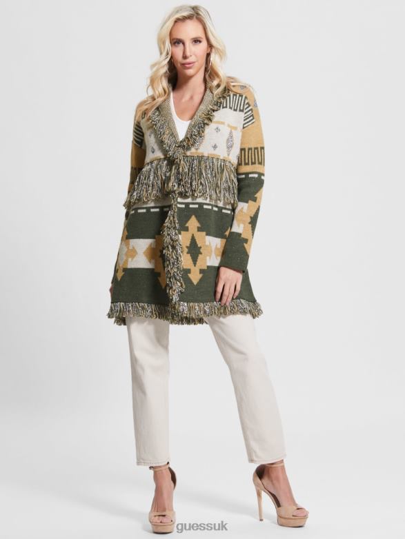 GUESS Women Giulia Longline Sweater Coat Folk Lurex Jacquard Apparel V28V61954
