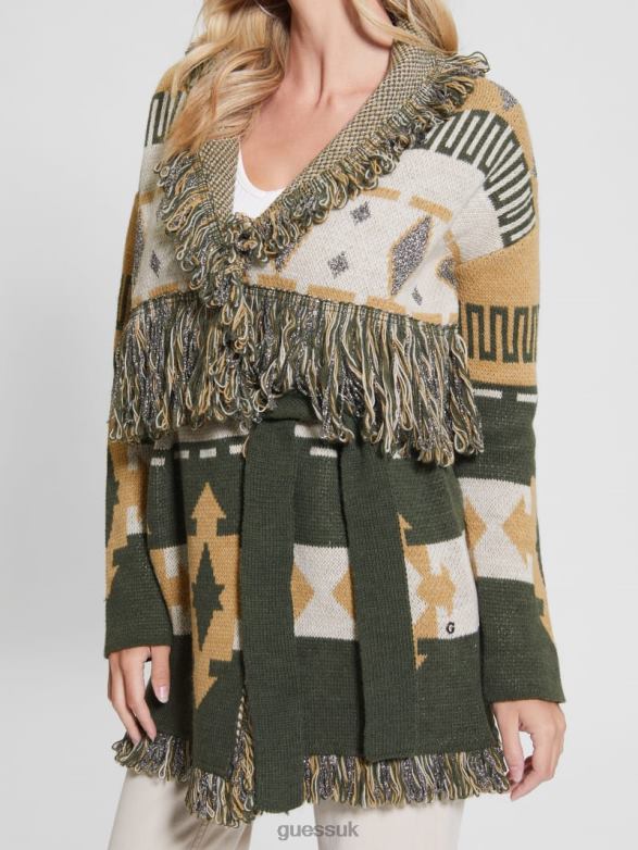 GUESS Women Giulia Longline Sweater Coat Folk Lurex Jacquard Apparel V28V61954