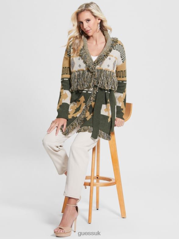 GUESS Women Giulia Longline Sweater Coat Folk Lurex Jacquard Apparel V28V61954