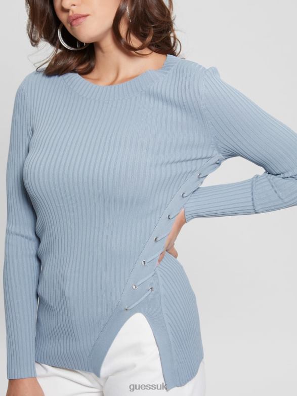 GUESS Women Irmine Round Neck Sweater Top Sky Dusk Apparel V28V61714