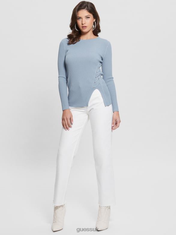 GUESS Women Irmine Round Neck Sweater Top Sky Dusk Apparel V28V61714