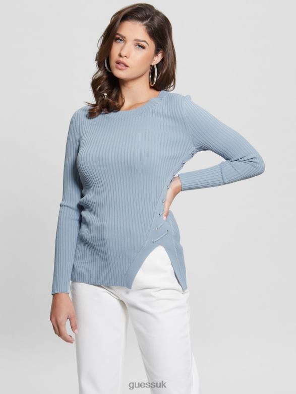 GUESS Women Irmine Round Neck Sweater Top Sky Dusk Apparel V28V61714