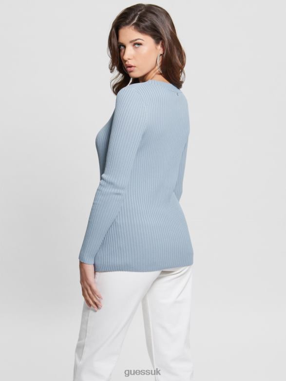 GUESS Women Irmine Round Neck Sweater Top Sky Dusk Apparel V28V61714