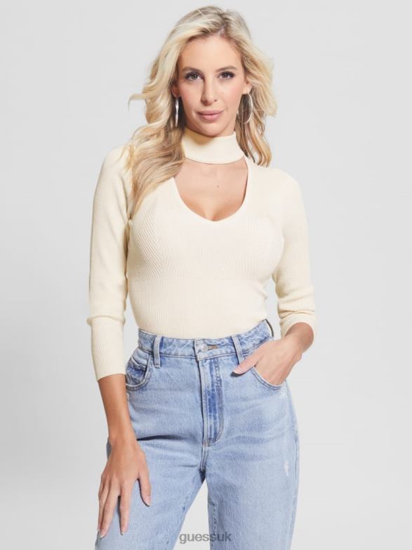 GUESS Women Lea Cutout Sequin Sweater Cream White Multi Apparel V28V61643