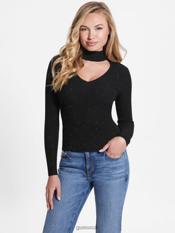 GUESS Women Lea Cutout Sequin Sweater Jet Black Multi Apparel V28V61625