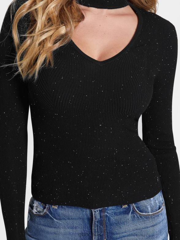 GUESS Women Lea Cutout Sequin Sweater Jet Black Multi Apparel V28V61625