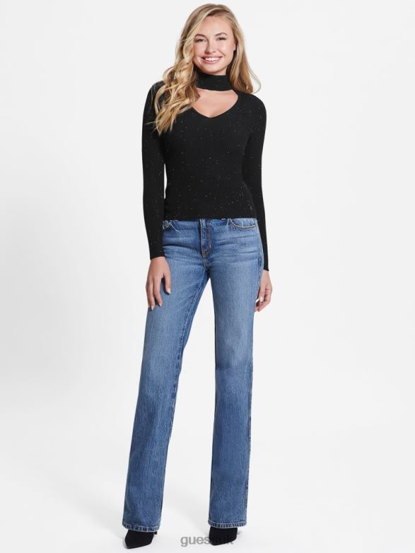 GUESS Women Lea Cutout Sequin Sweater Jet Black Multi Apparel V28V61625