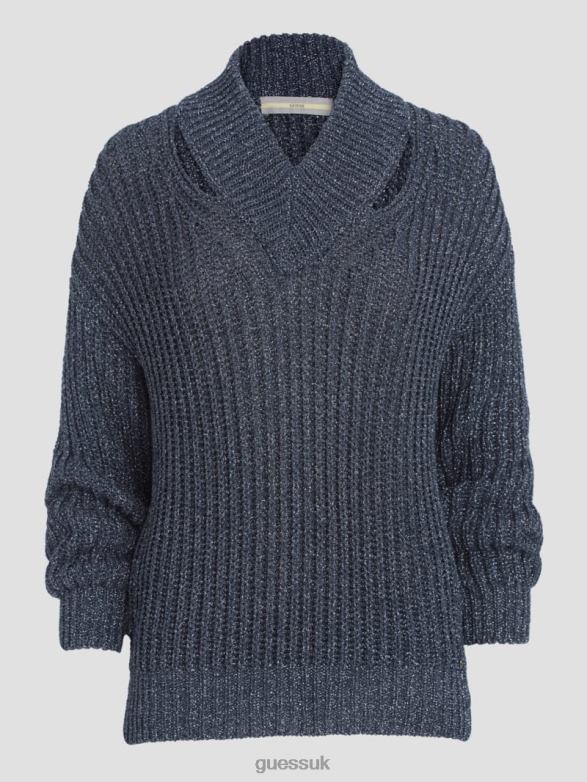 GUESS Women Lise Cutout Sweater Blackened Blue Lurex Apparel V28V61597