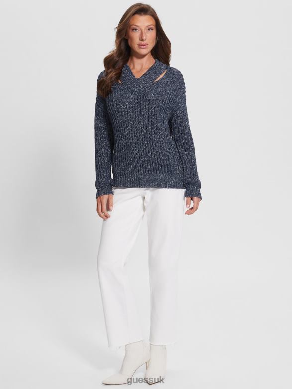 GUESS Women Lise Cutout Sweater Blackened Blue Lurex Apparel V28V61597