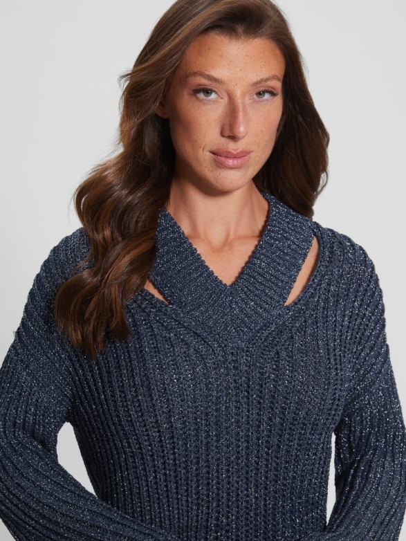 GUESS Women Lise Cutout Sweater Blackened Blue Lurex Apparel V28V61597