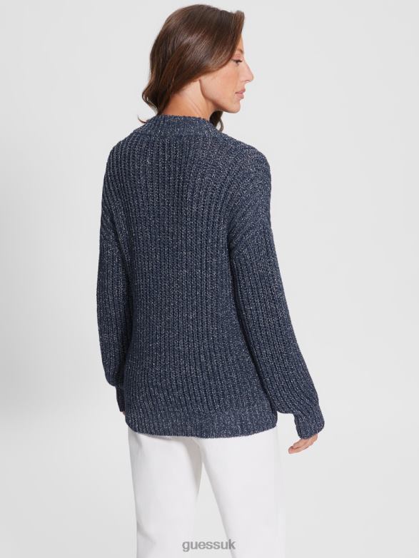 GUESS Women Lise Cutout Sweater Blackened Blue Lurex Apparel V28V61597