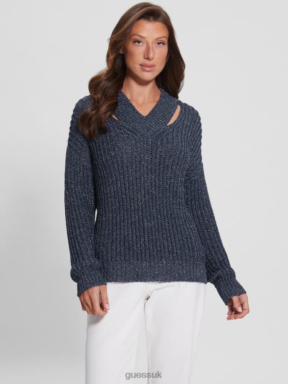 GUESS Women Lise Cutout Sweater Blackened Blue Lurex Apparel V28V61597