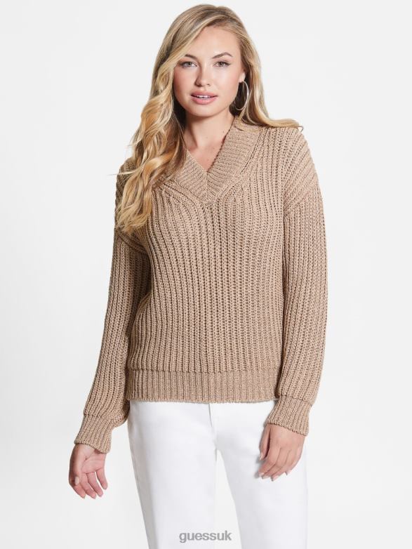 GUESS Women Lise Cutout Sweater Dirty Chai Lurex Multi Apparel V28V61556