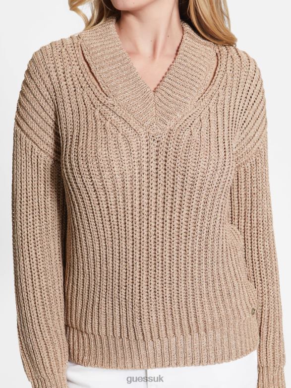 GUESS Women Lise Cutout Sweater Dirty Chai Lurex Multi Apparel V28V61556