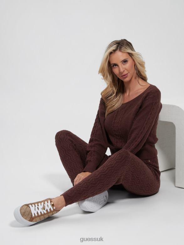 GUESS Women Teresa Mixed Cable-Knit Sweater Pure Choco Apparel V28V61670