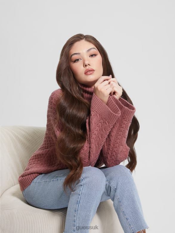 GUESS Women Wendi Cable Turtleneck Sweater Antique Mauve Apparel V28V61423