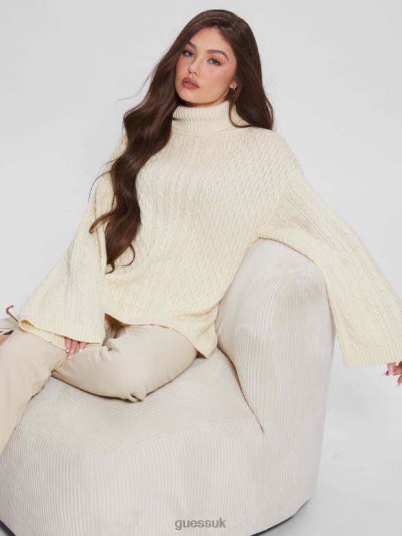 GUESS Women Wendi Cable Turtleneck Sweater Dove White Apparel V28V61574