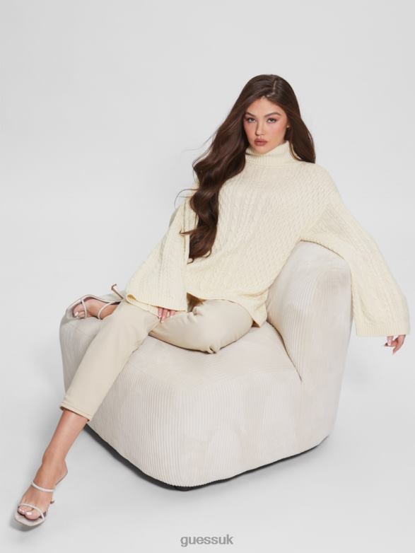 GUESS Women Wendi Cable Turtleneck Sweater Dove White Apparel V28V61574