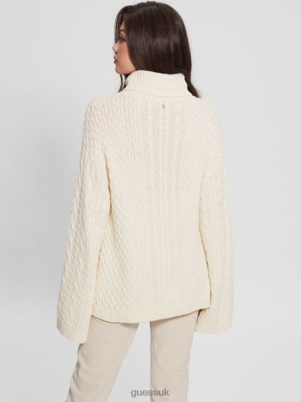 GUESS Women Wendi Cable Turtleneck Sweater Dove White Apparel V28V61574