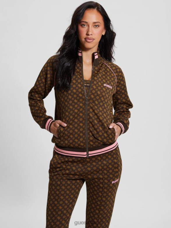 GUESS Women Eco Aggie Full-Zip Sweatshirt Aop Brown Ologram Apparel V28V61739