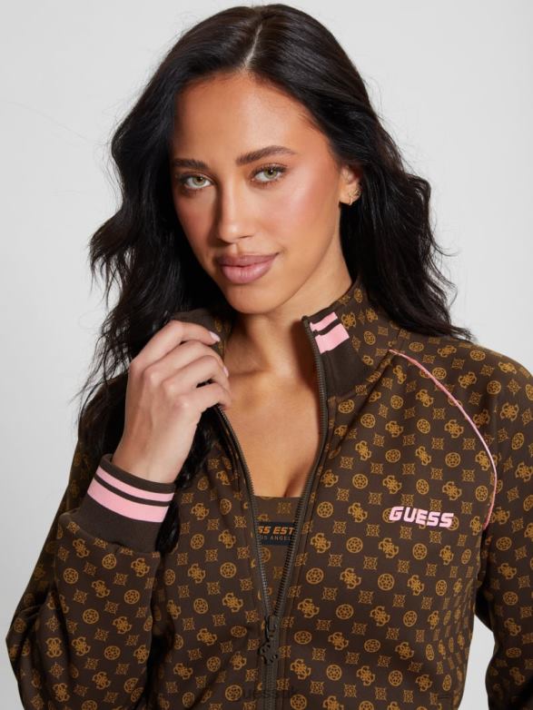 GUESS Women Eco Aggie Full-Zip Sweatshirt Aop Brown Ologram Apparel V28V61739