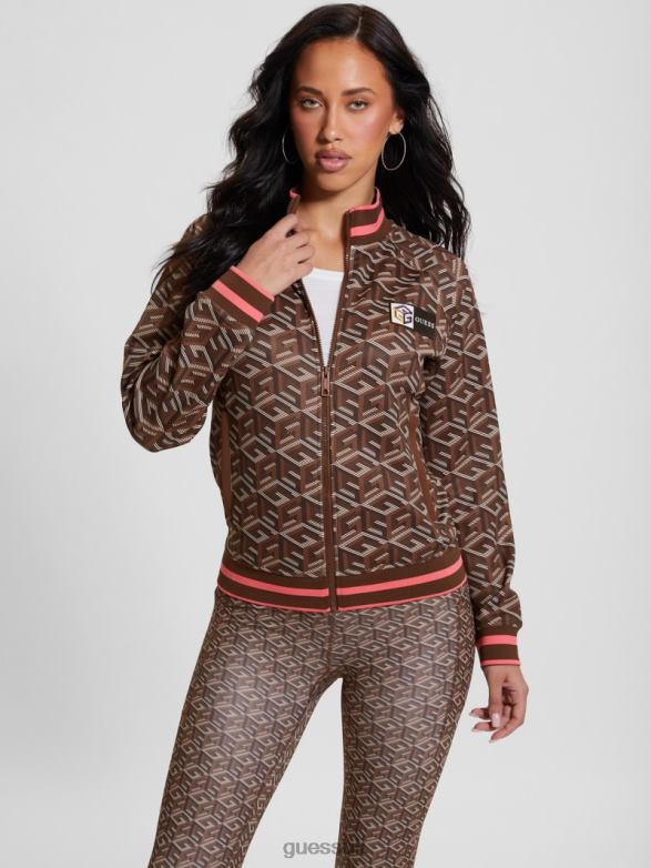 GUESS Women Eco G-Cube Active Zip Sweatshirt Stripe G-Cube Brown Apparel V28V61738