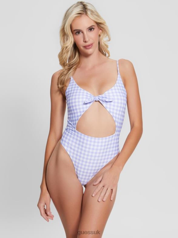 GUESS Women Eco Gingham One-Piece Swimsuit Small White Lavander Vich Apparel V28V62550