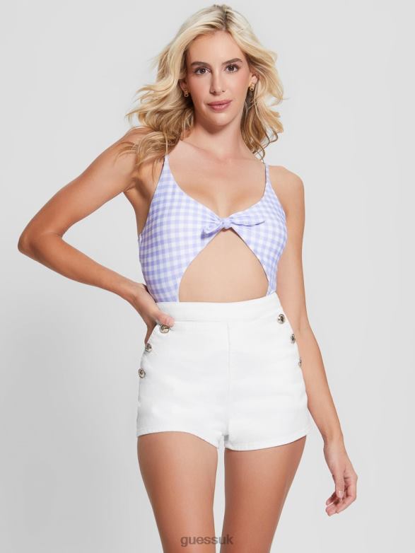 GUESS Women Eco Gingham One-Piece Swimsuit Small White Lavander Vich Apparel V28V62550