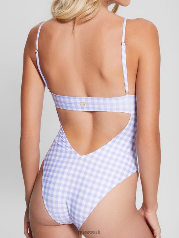 GUESS Women Eco Gingham One-Piece Swimsuit Small White Lavander Vich Apparel V28V62550