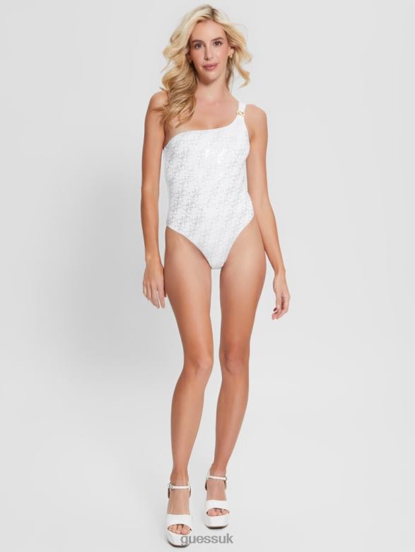 GUESS Women Quattro G Rhinestone One-Piece Swimsuit Pure White Apparel V28V62549