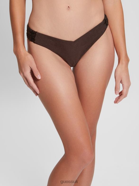 GUESS Women Sequin V-Cut Brazilian Bikini Bottom Dark Auburn Apparel V28V62544