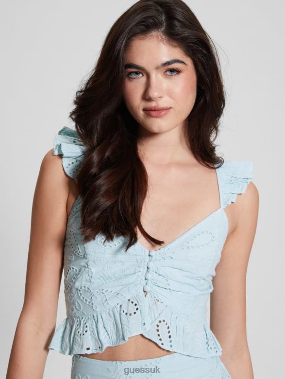 GUESS Women Arielle Eyelet Top Whimsical Blue Multi Apparel V28V61305