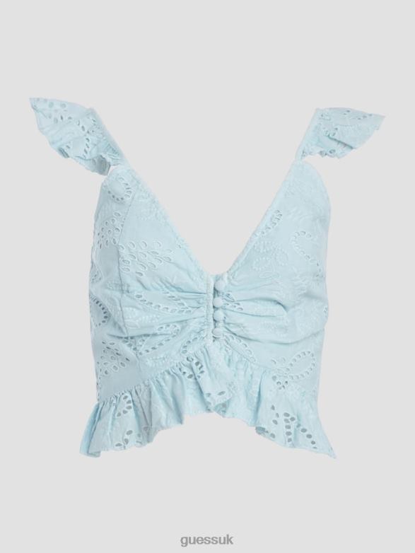 GUESS Women Arielle Eyelet Top Whimsical Blue Multi Apparel V28V61305