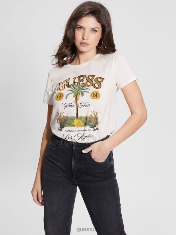 GUESS Women Banana Tree Easy Tee White Glam Apparel V28V61133