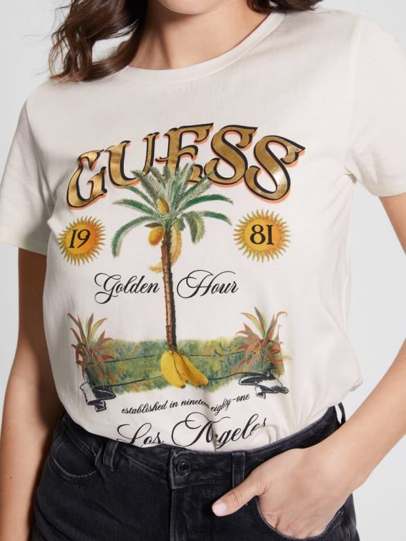 GUESS Women Banana Tree Easy Tee White Glam Apparel V28V61133