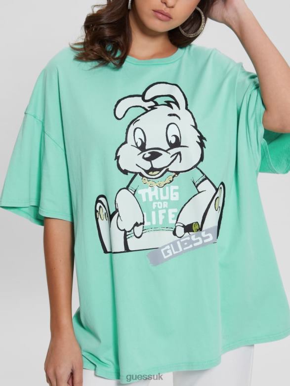 GUESS Women Bunny Oversized Graphic Tee Carribean Water Multi Apparel V28V61108