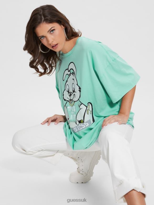 GUESS Women Bunny Oversized Graphic Tee Carribean Water Multi Apparel V28V61108