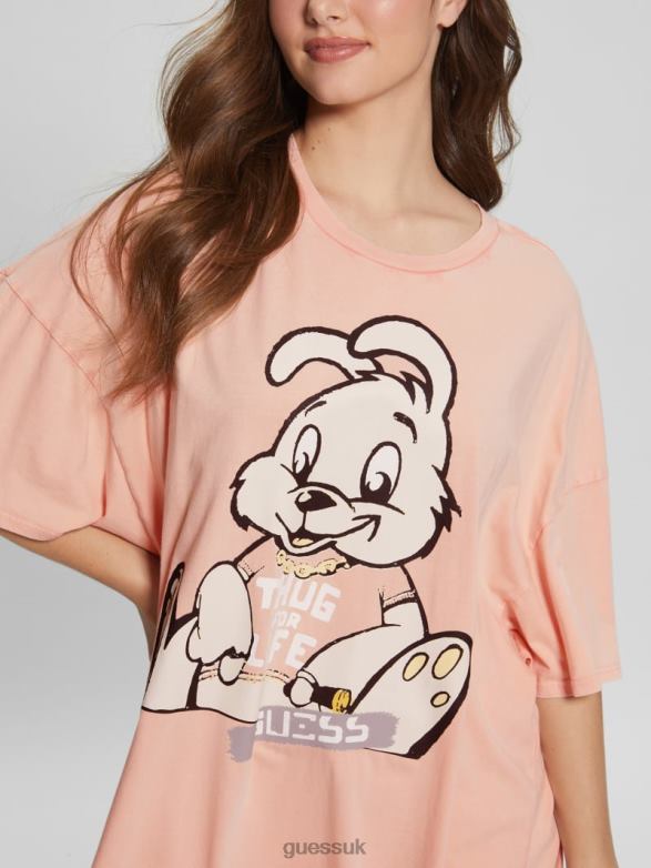 GUESS Women Bunny Oversized Graphic Tee Hello Peach Multi Apparel V28V61215