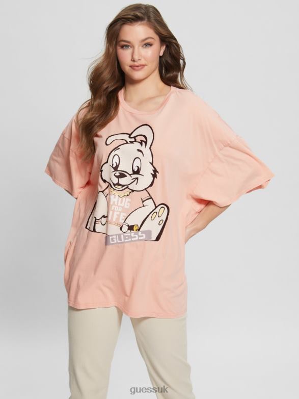 GUESS Women Bunny Oversized Graphic Tee Hello Peach Multi Apparel V28V61215