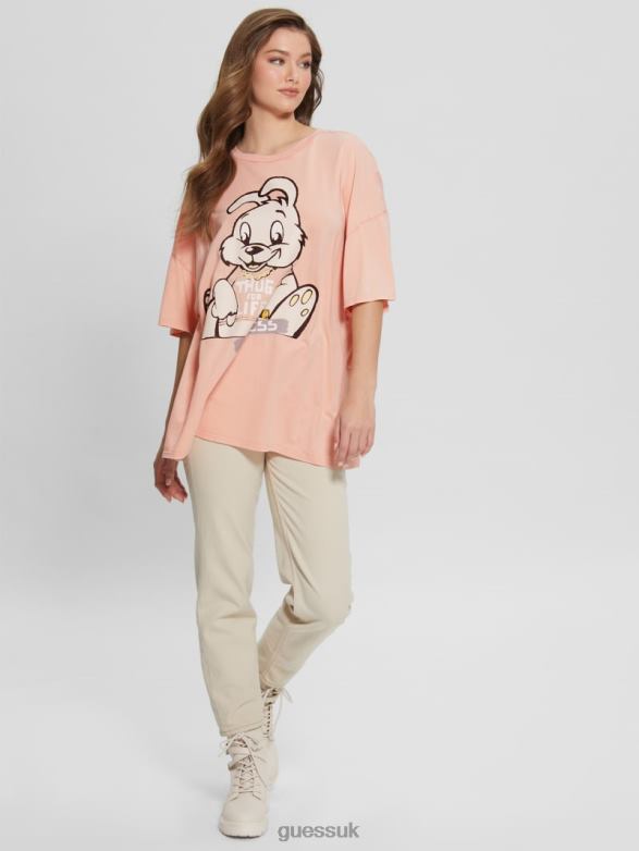 GUESS Women Bunny Oversized Graphic Tee Hello Peach Multi Apparel V28V61215