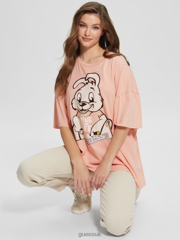 GUESS Women Bunny Oversized Graphic Tee Hello Peach Multi Apparel V28V61215