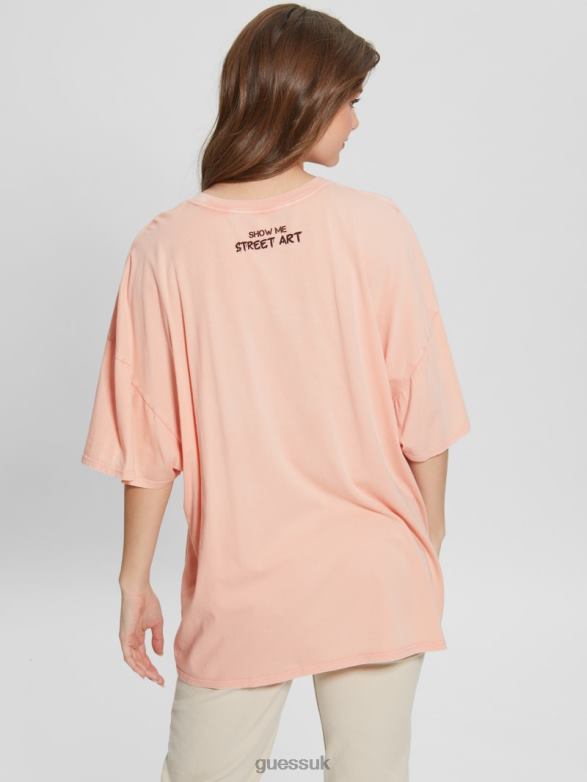 GUESS Women Bunny Oversized Graphic Tee Hello Peach Multi Apparel V28V61215