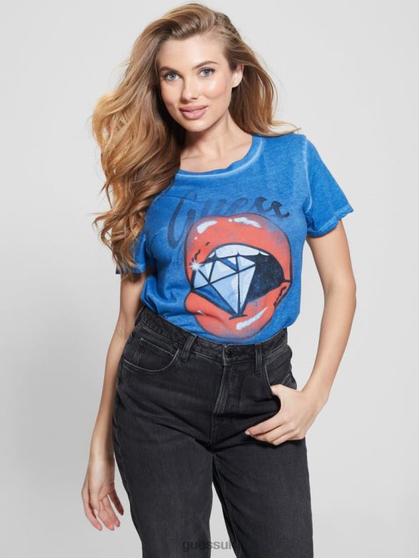 GUESS Women Diamond Lip Graphic Tee Blueblood Multi Apparel V28V61182