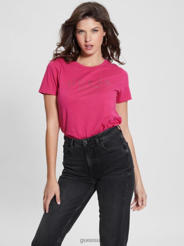 GUESS Women Eco 1981 Crystal Logo Tee Full Bloom Pink Apparel V28V61202